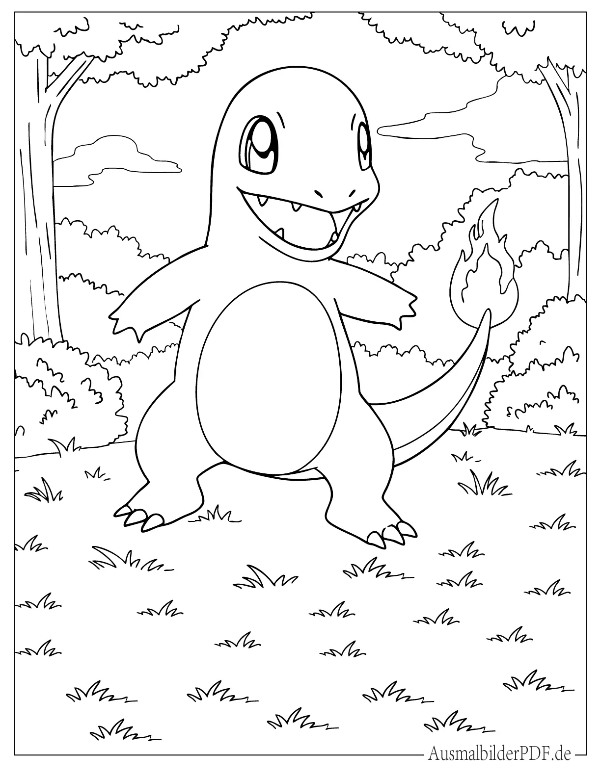 Pokemon Glumanda im Dschungel mit brennendem Schwanz Ausmalvorlage