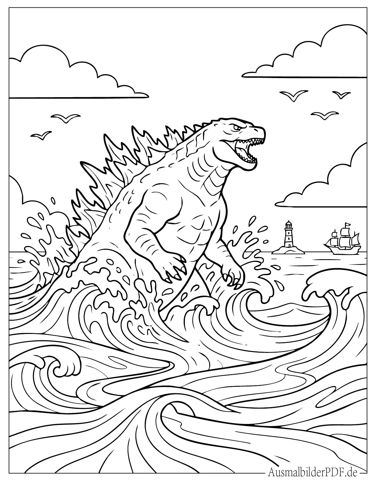 Godzilla läuft im Ozean Ausdruckbare Ausmalbild