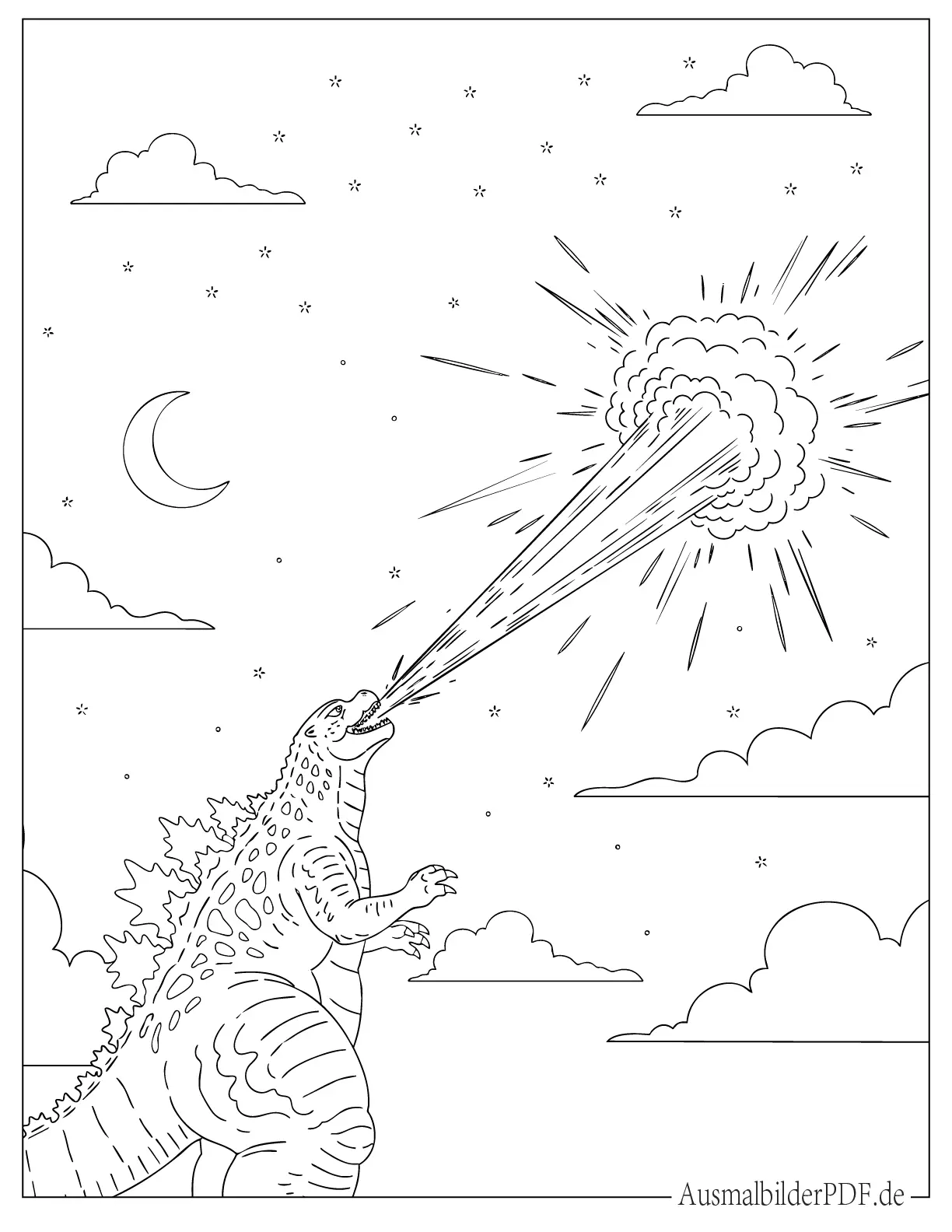 Godzilla atmet Feuer in der Luft zum Ausmalen