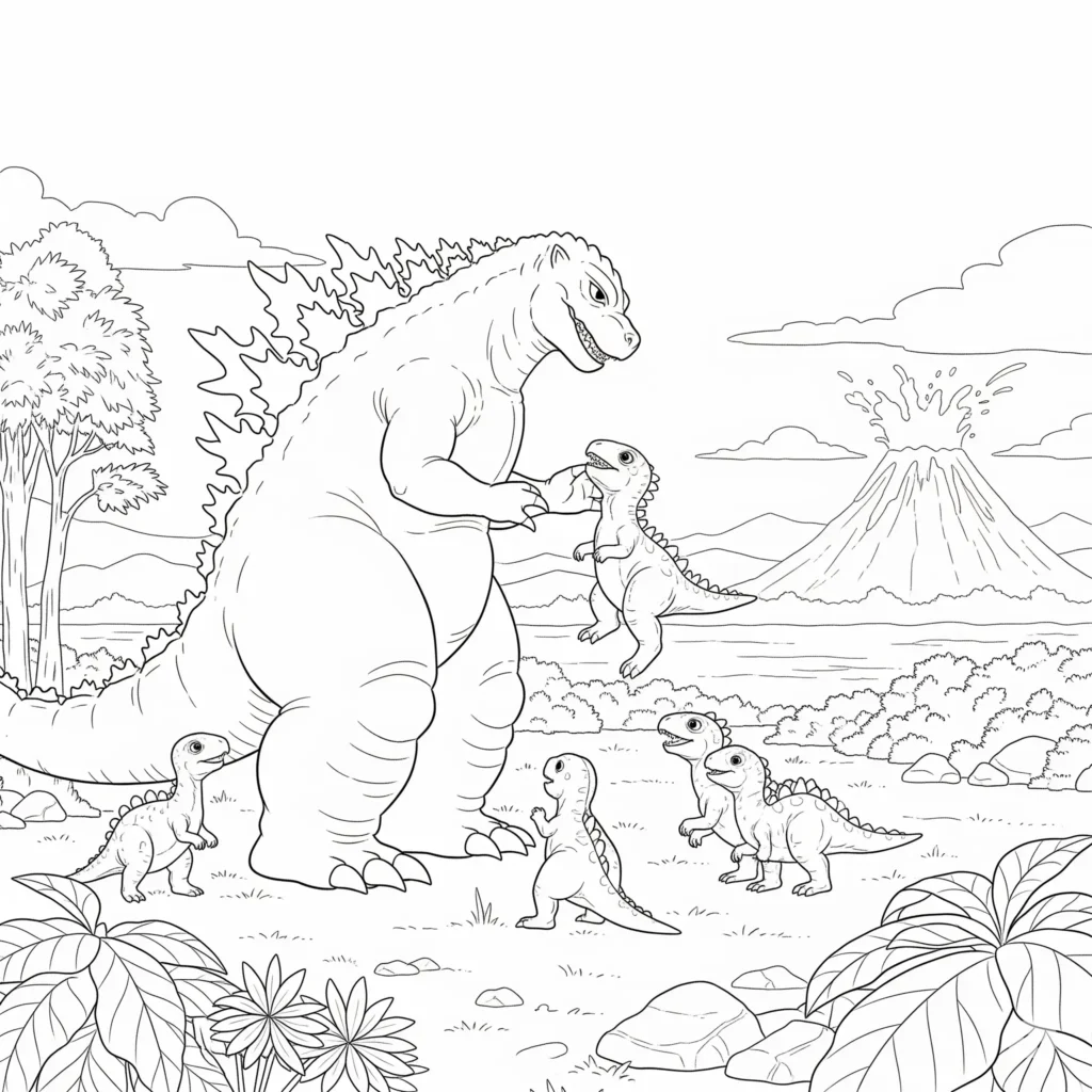 godzilla ausmalbilder für kinder mit einem süßen baby dinosaurier als pdf malvorlage zum ausdrucken und gemeinsam ausmalen