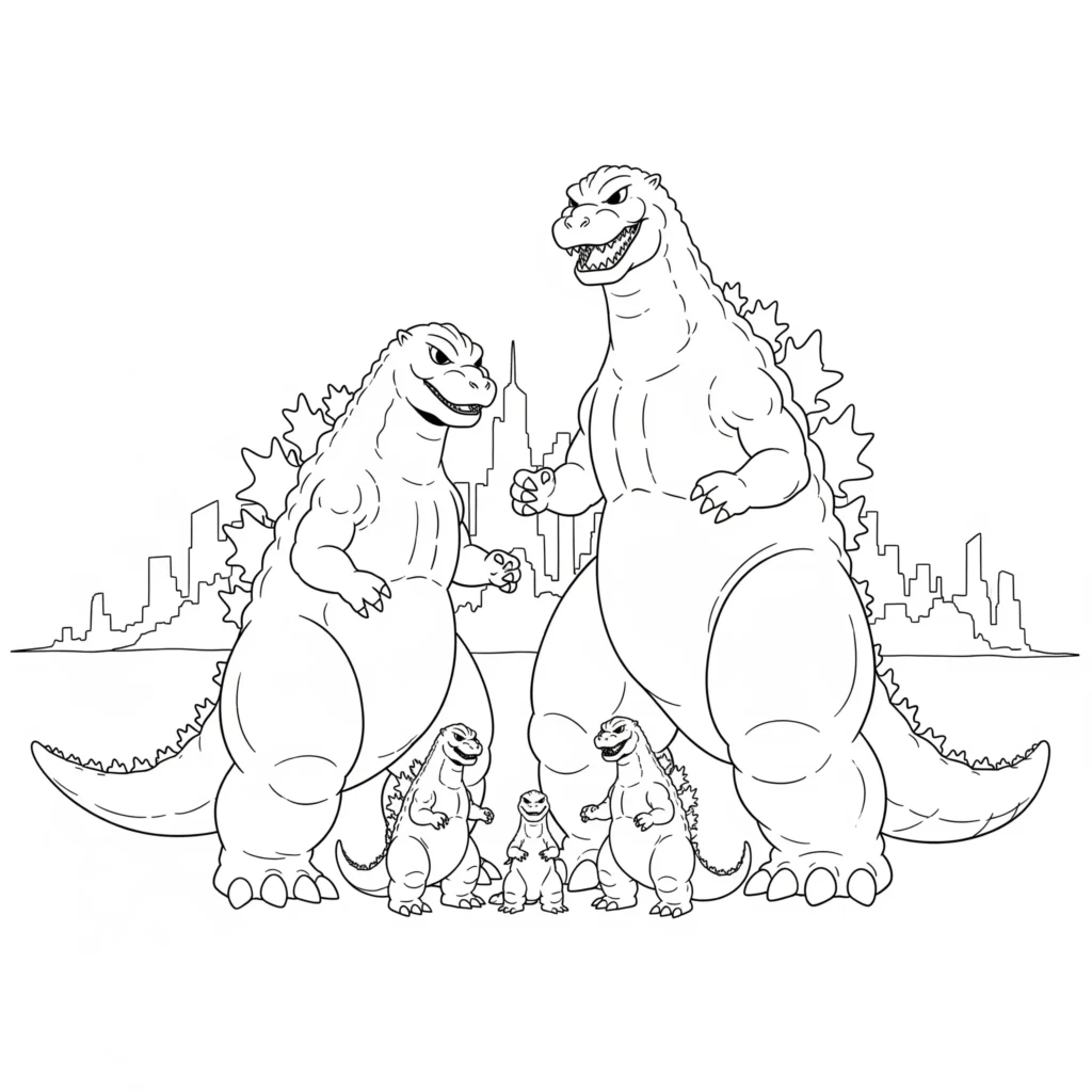 godzilla ausmalbilder pdf mit familie inklusive baby godzilla als freundliche vorlage zum ausmalen für kinder geeignet