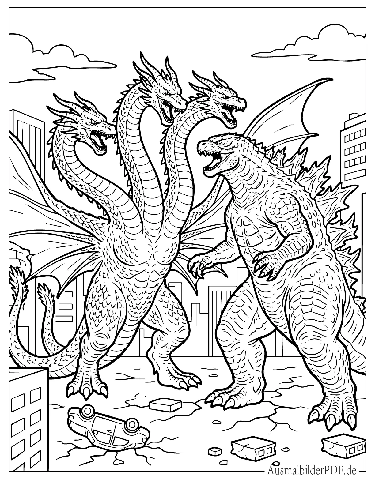 Detailliertes Godzilla kämpft gegen dreiköpfiges Monster Malvorlage