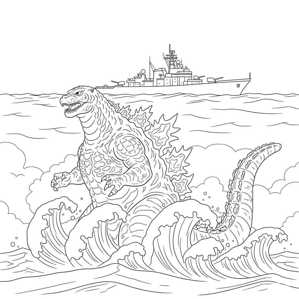 godzilla ausmalbild zum ausdrucken zeigt das monster halb im meer schwimmend ideal für kinder als kostenlose pdf malvorlage