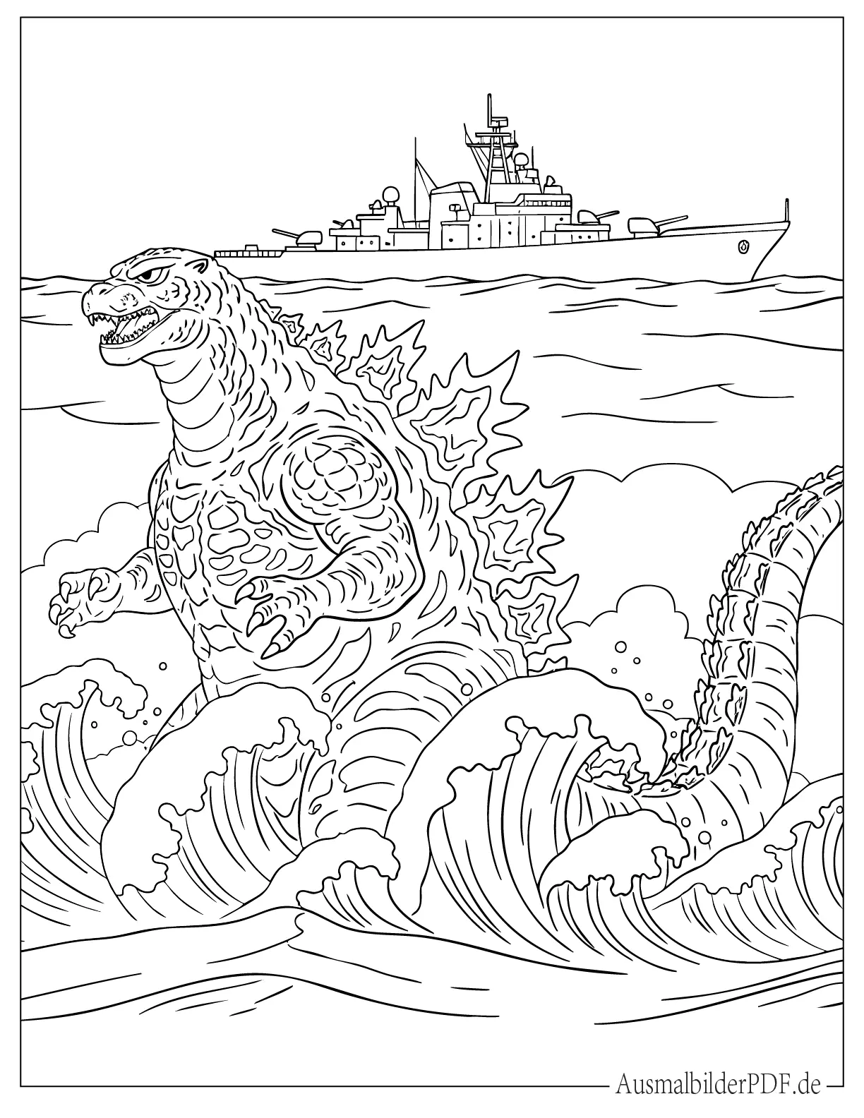 Godzilla im Ozean mit Schiff im Hintergrund Malvorlage