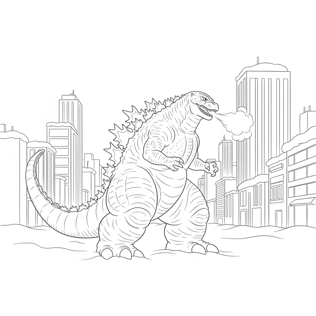 diese godzilla ausmalbild pdf zeigt das monster im schnee ideal für kinder die winterliche ausmalbilder mögen und kreativ sein wollen