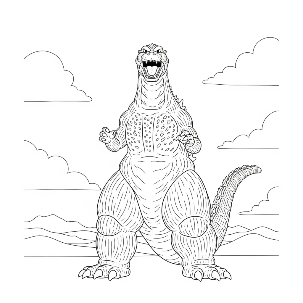 godzilla malvorlage kinder mit brüllender pose klassischer stil als druckvorlage zum ausmalen geeignet