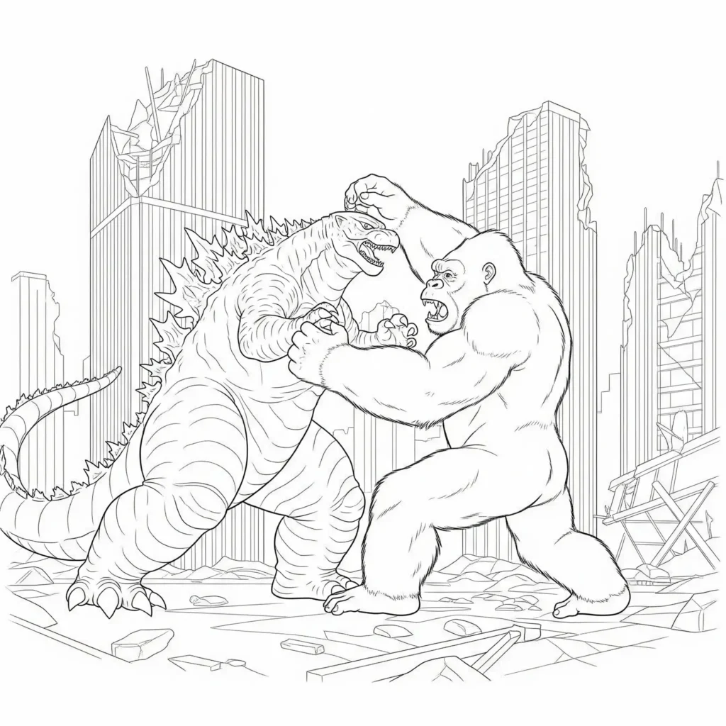 godzilla ausmalbilder für kinder mit kampfszene gegen king kong als spannende malvorlage zum ausdrucken