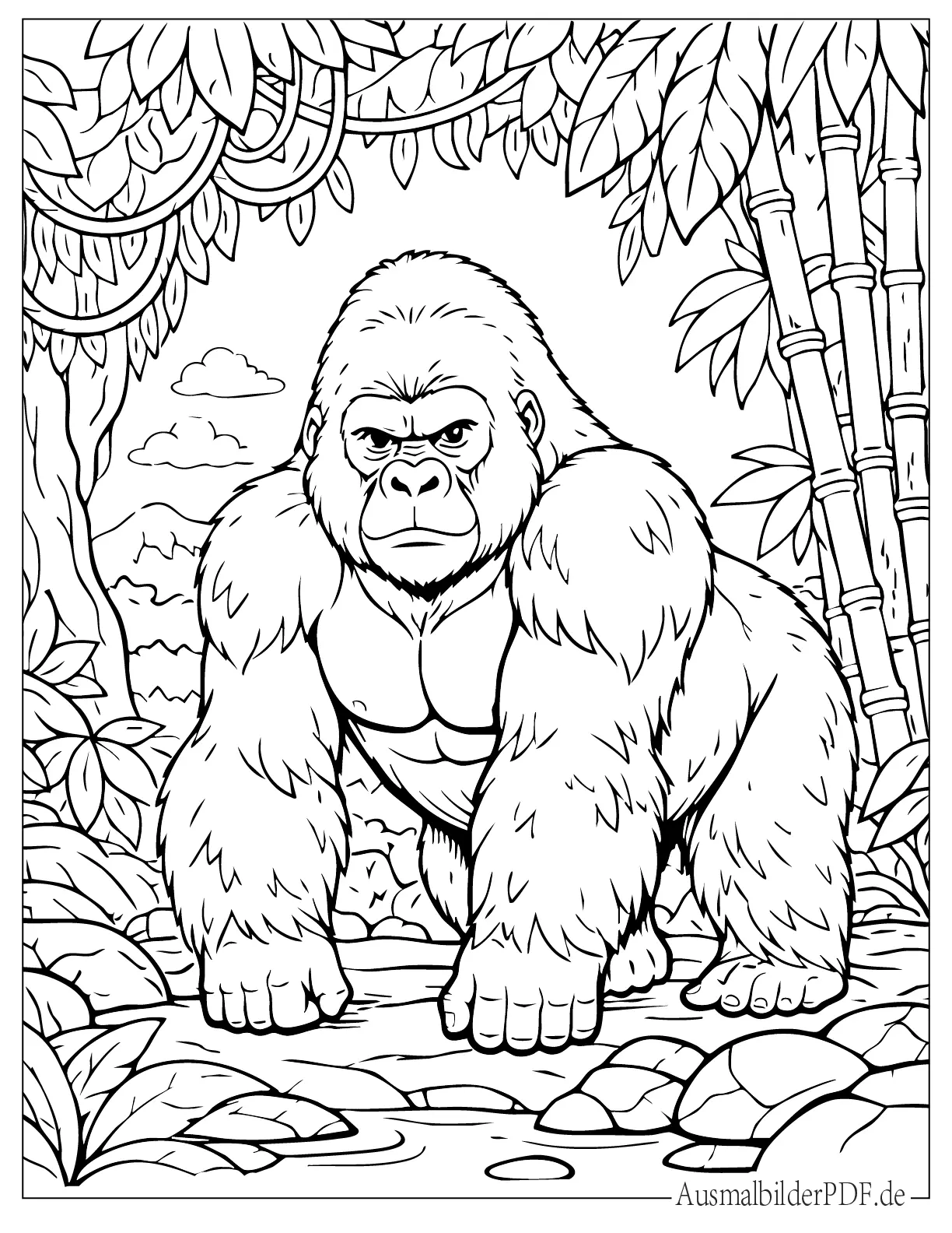 Realistischer Gorilla im Dschungel Ausdruckbare Ausmalbild
