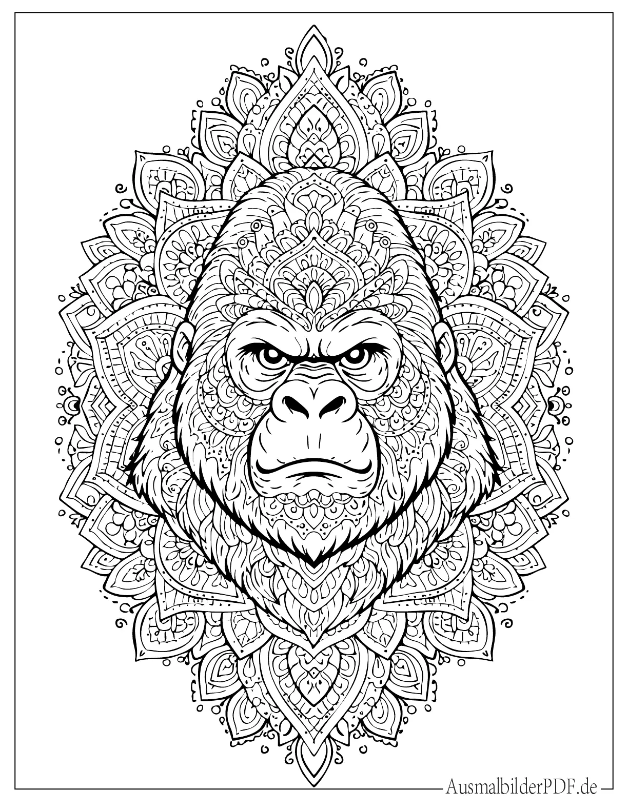 Detailliertes Gorillakopf Mandala Malvorlage für Erwachsene