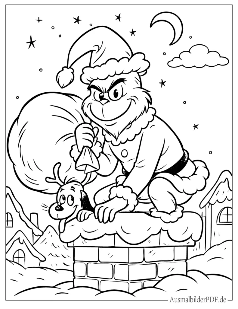 Grinch sitzt auf Schornstein mit Max und Geschenken als Ausmalbild