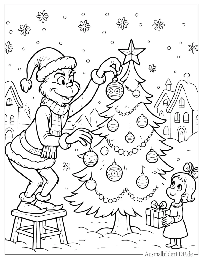 Grinch schmückt gemeinsam mit Cindy Lou Who festliche Druckvorlage