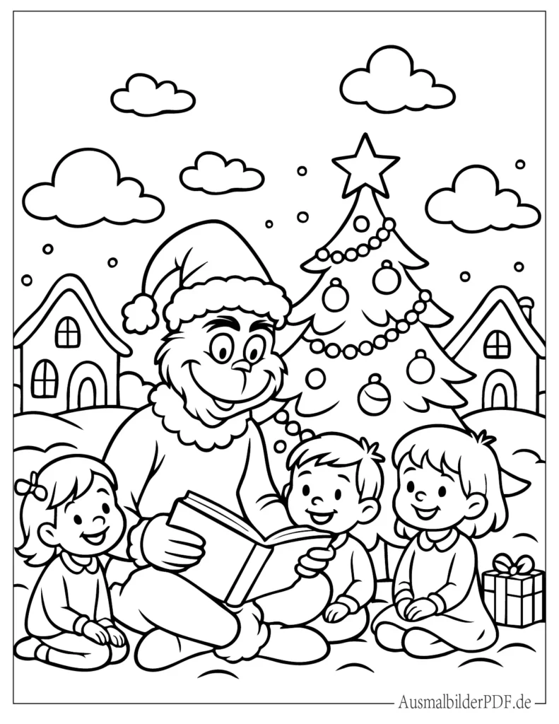 Grinch liest Kindern in Whoville Geschichten vor Ausmalbild