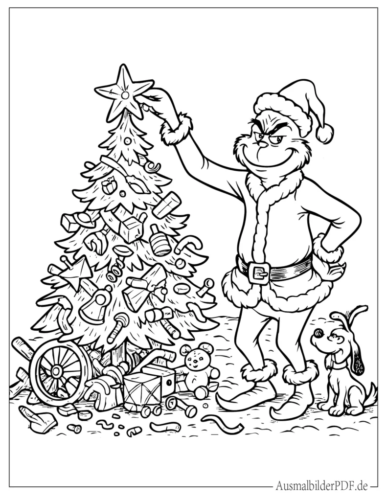 Grinch baut Weihnachtsbaum aus Schrott auf lustiger Malvorlage