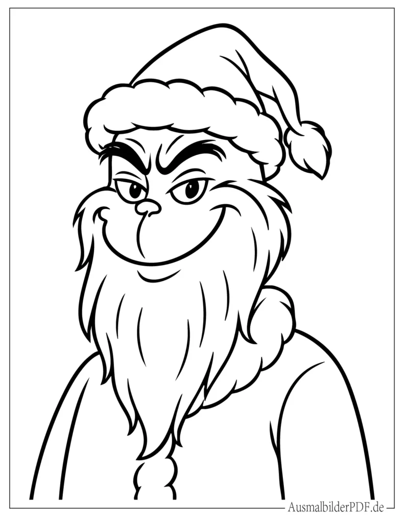 Grinch mit falschem Bart und schiefem Lächeln auf lustiger Malvorlage