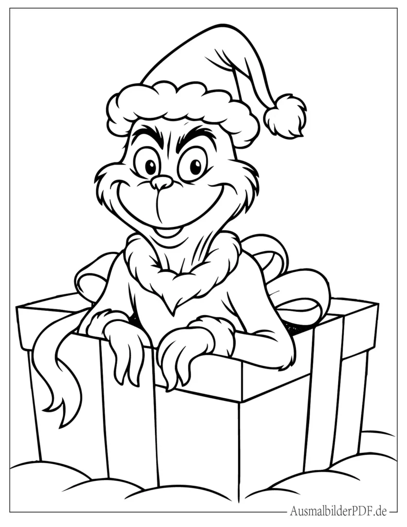 Grinch schaut aus großer Geschenkbox auf Ausmalvorlage