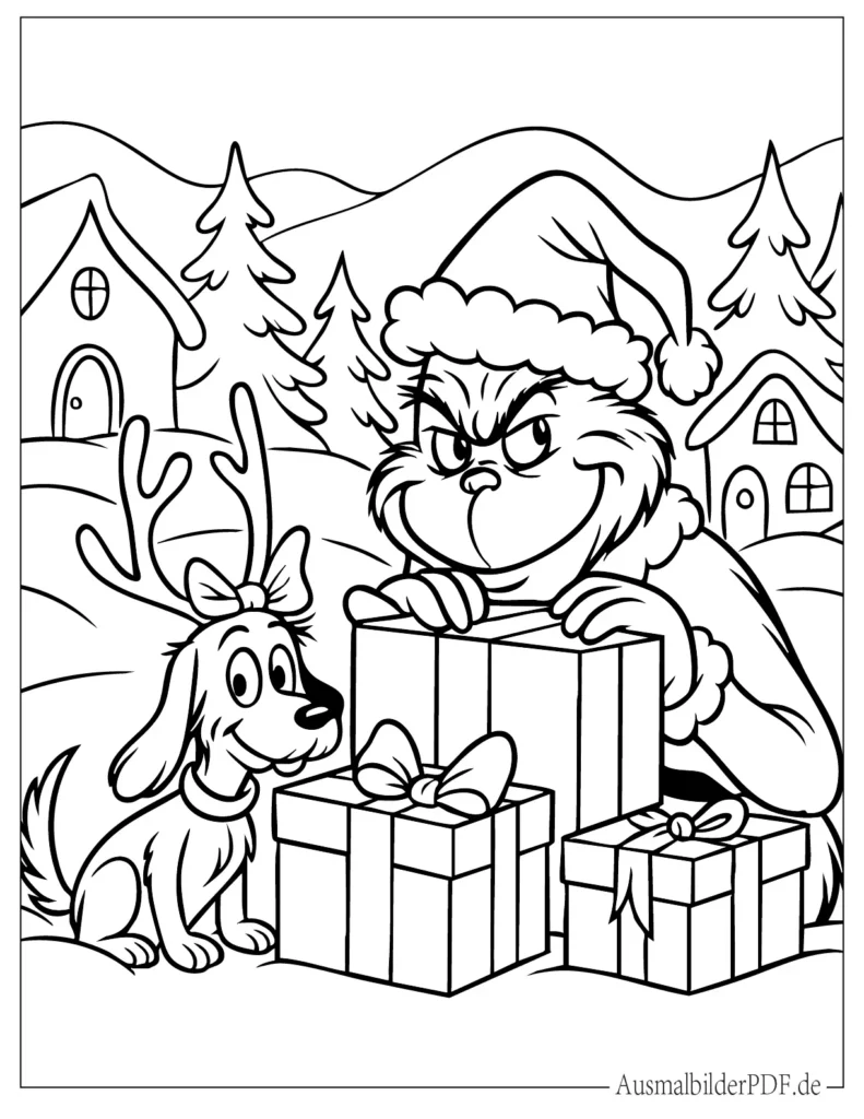 Malvorlage Grinch und Max verstecken sich hinter Geschenkboxen auf weihnachtlicher 