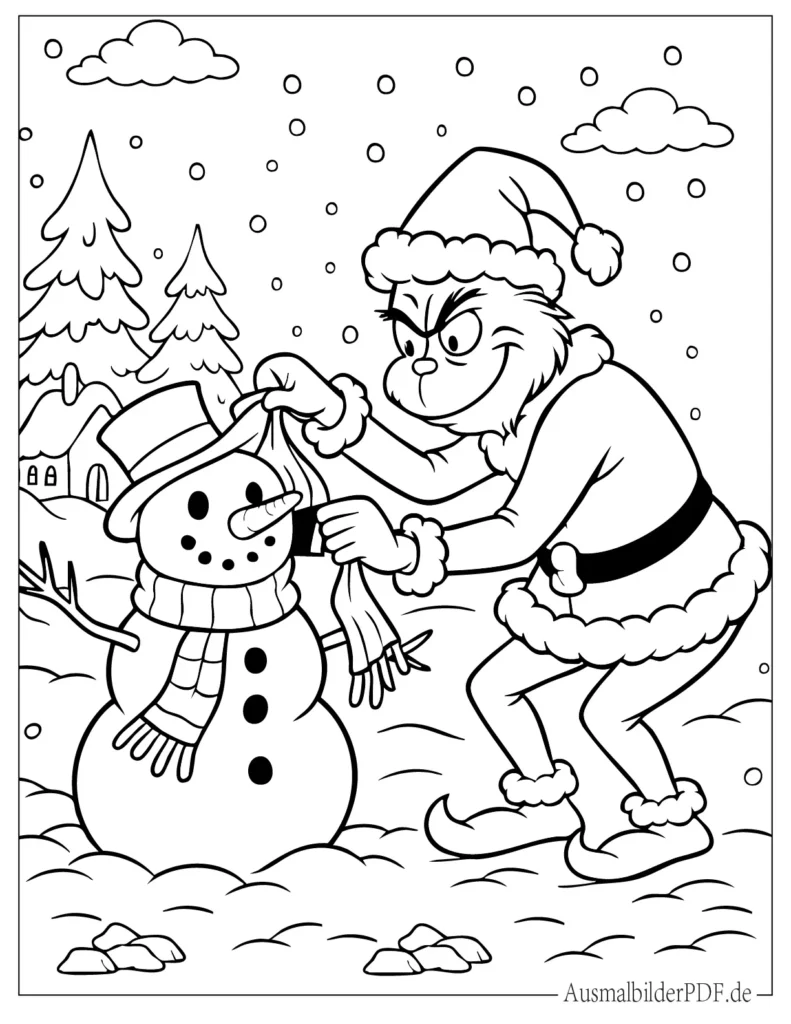 Ausmalbild Grinch entfernt Dekoration von Schneemann auf winterlicher