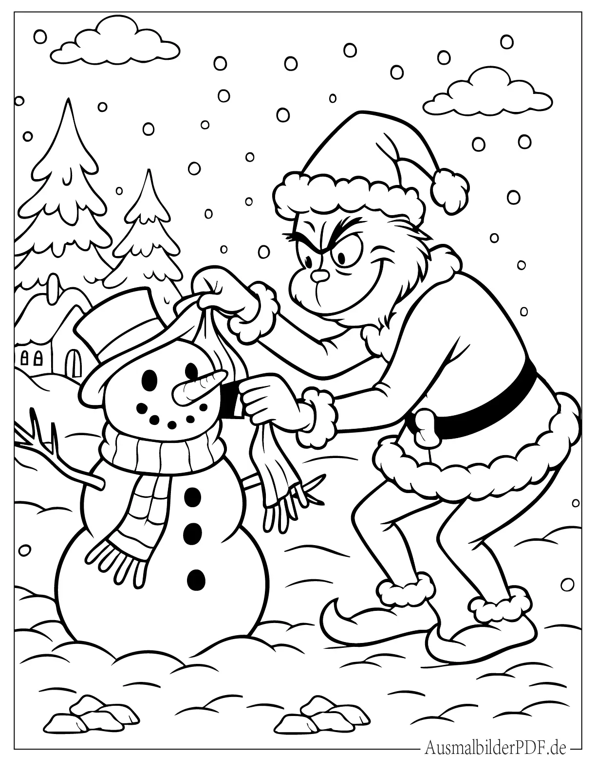 20 Grinch Ausmalbilder (Gratis Malvorlagen zum Ausdrucken) Ausmalbild Grinch entfernt Dekoration von Schneemann auf winterlicher