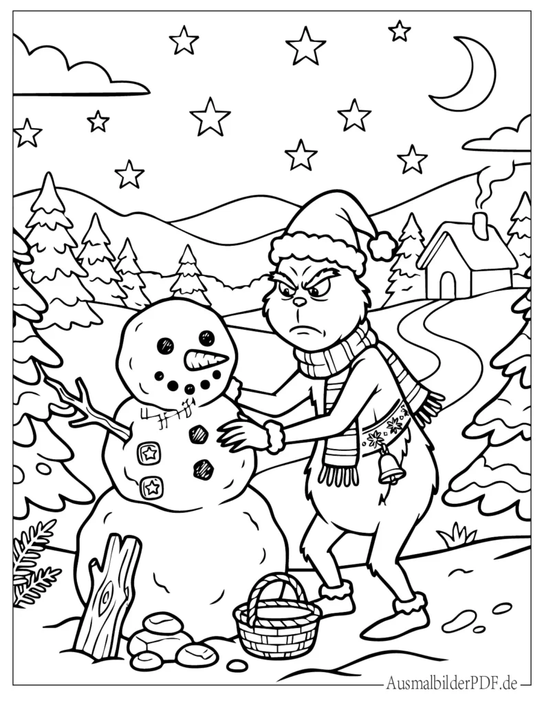 Schneemann Weihnachten Ausmalbilder (Gratis zum drucken) Der Grinch formt einen Schneemann, lustige Ausmalvorlage für Kinder zum Drucken und Ausmalen