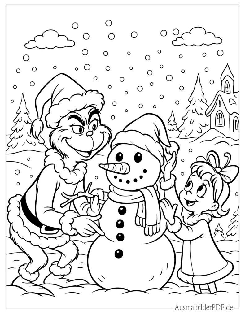 Grinch baut Schneemann mit Cindy Lou Who als Ausmalvorlage