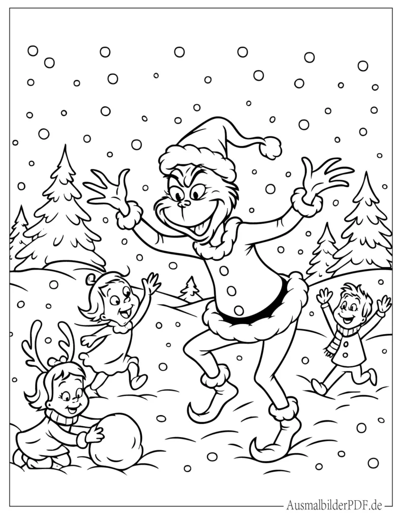 Grinch spielt im Schnee mit Whoville Kindern auf Druckvorlage