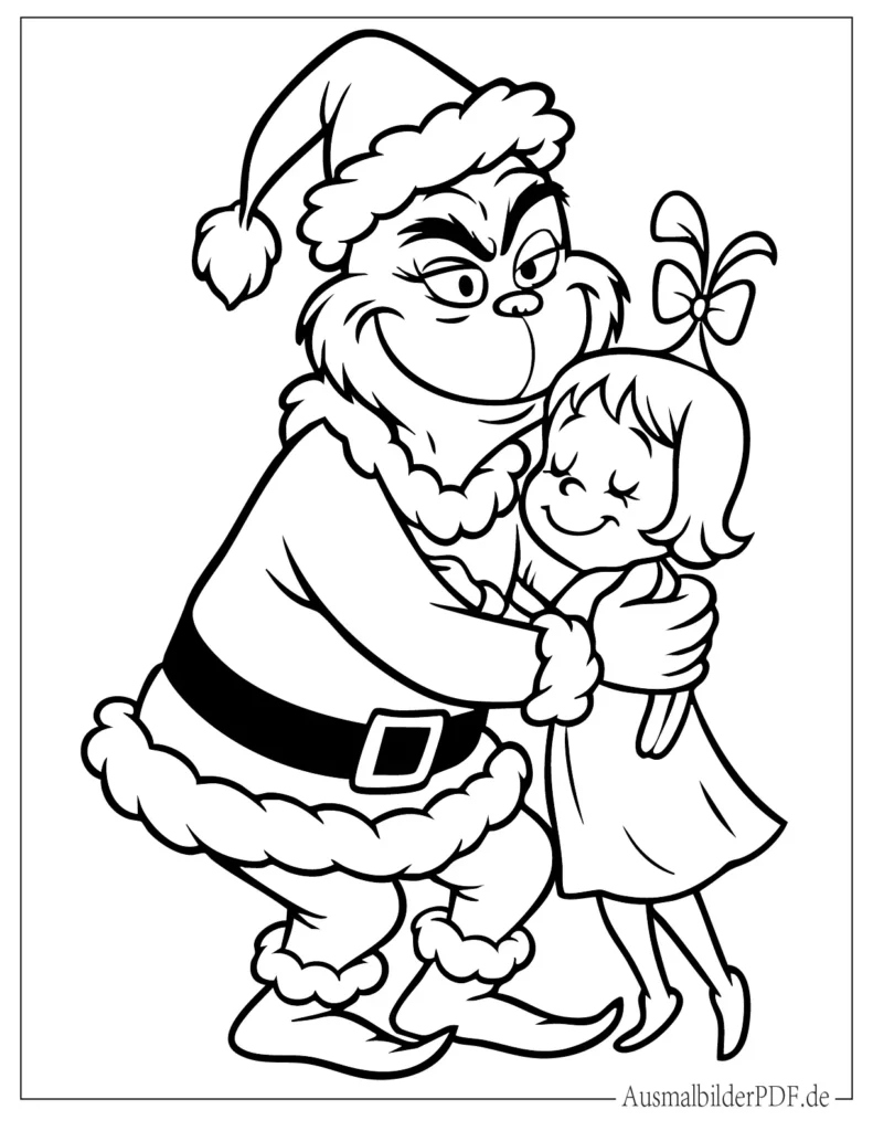 Grinch umarmt Cindy Lou Who auf liebevoller Ausmalvorlage
