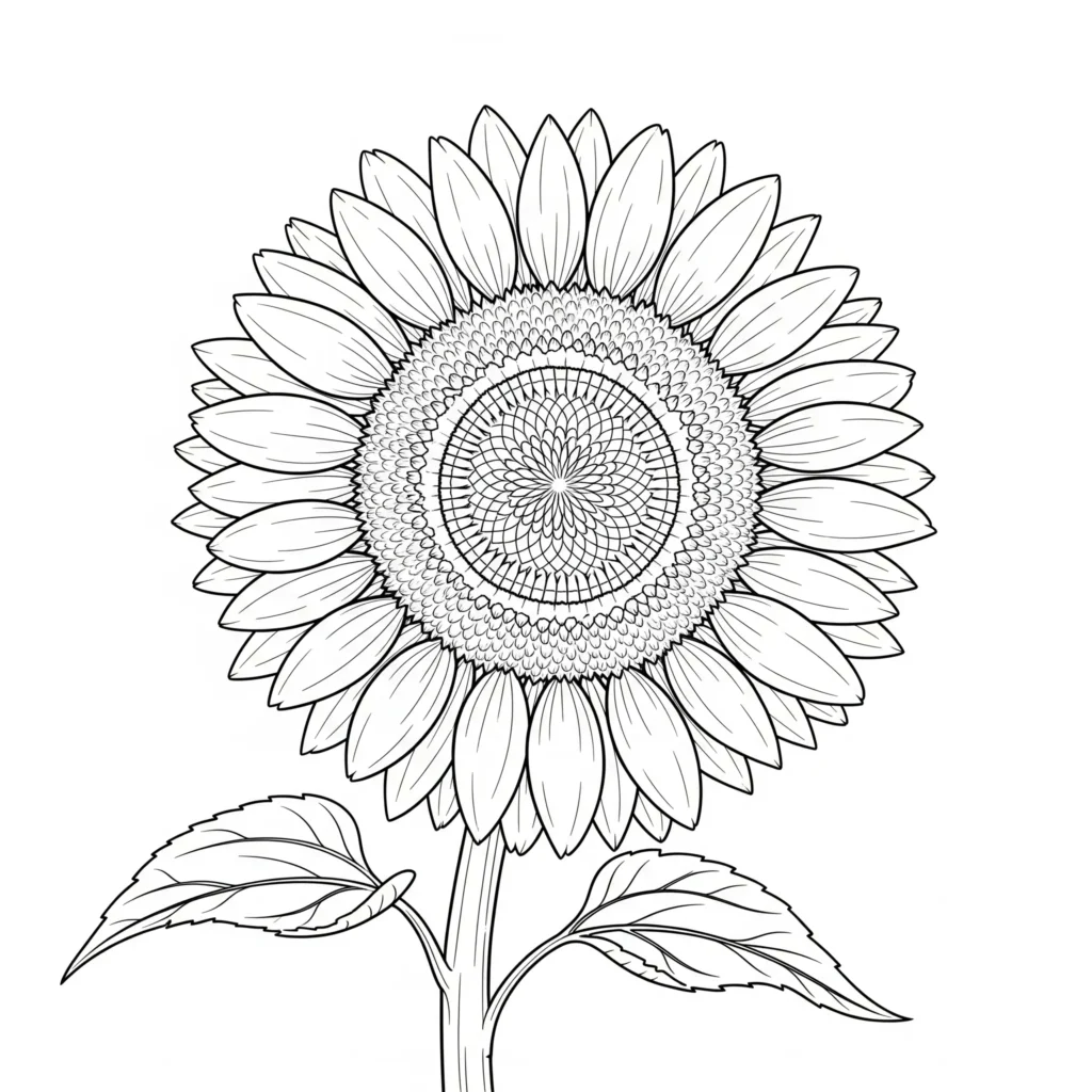 Ausmalbild einer großen markanten Sonnenblume, speziell für Erwachsene zum Ausdrucken und Ausmalen gestaltet