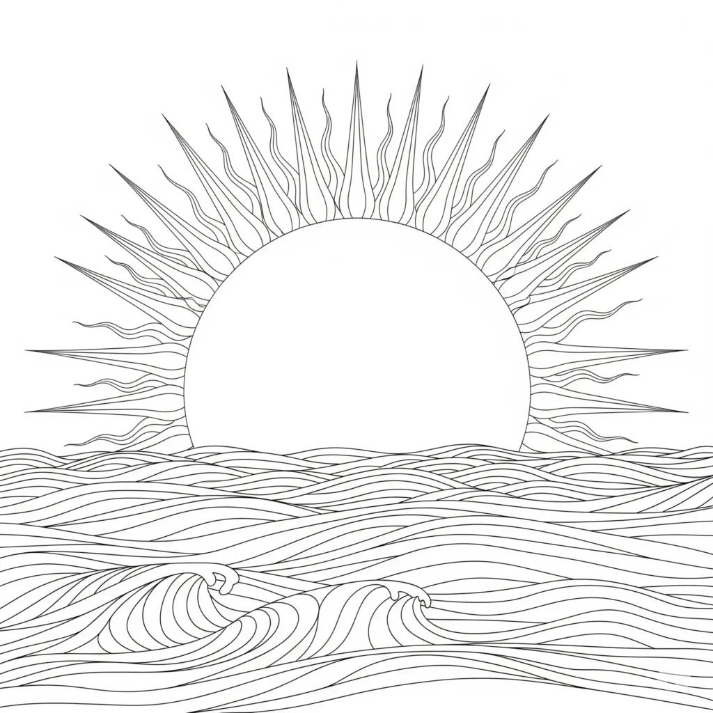 Ausmalbild mit einer großen Sonne, die über dem Meer auf- oder untergeht, ideal für Kinder zum Ausdrucken und Ausmalen