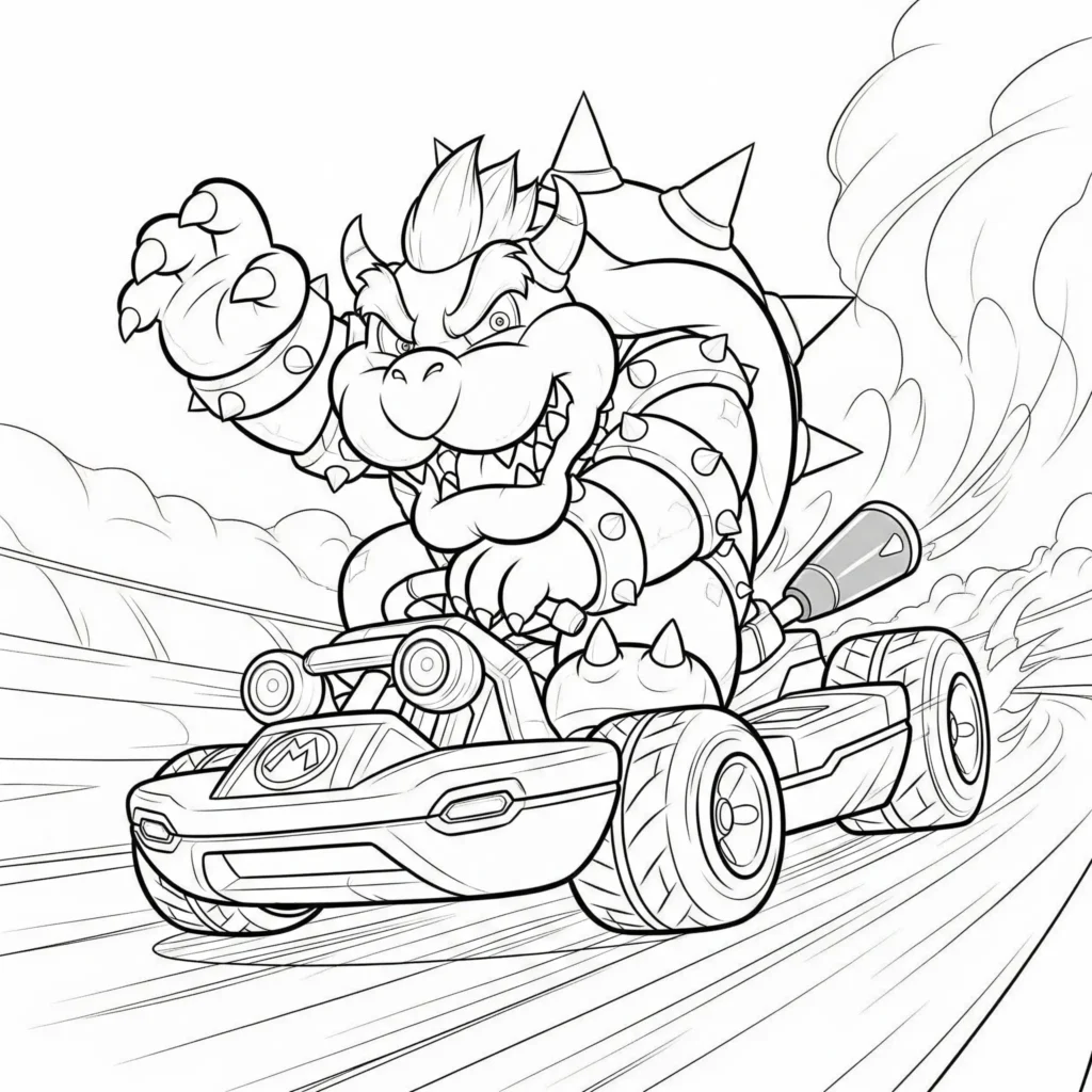 Großer Bowser fährt während des Mario Kart Rennens in diesem Ausmalbild zum Ausdrucken für Kinder und Erwachsene