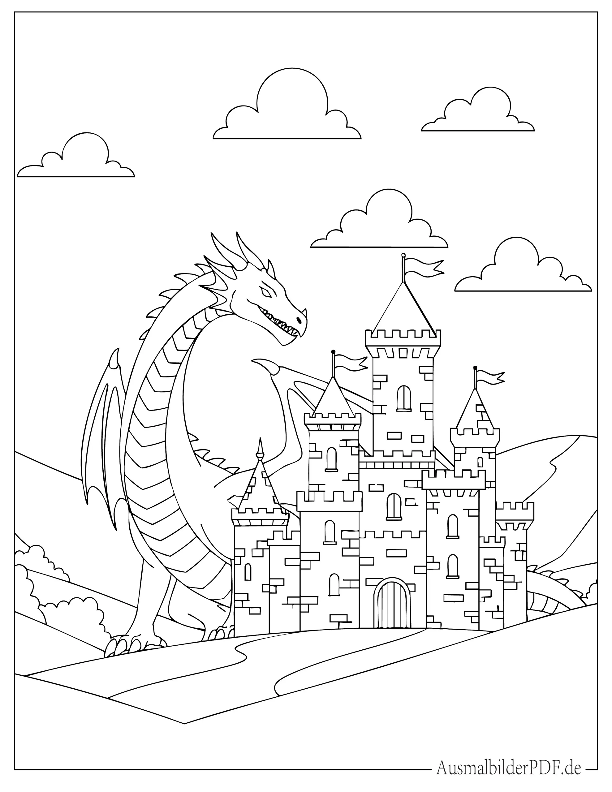 Großer Drache steht neben Schloss Malvorlage