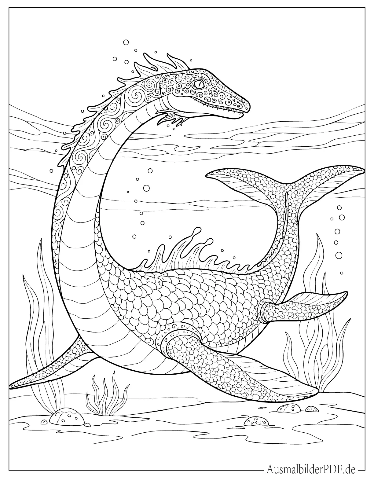 Großer Fantasie Plesiosaurus unter Wasser Ausmalbild
