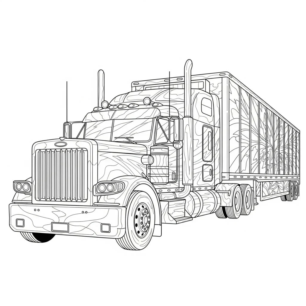 Ausmalbild eines Big Rig Trucks mit verziertem Anhänger, ideal für Kinder, die LKW Malvorlagen mit langen Fahrzeugen mögen