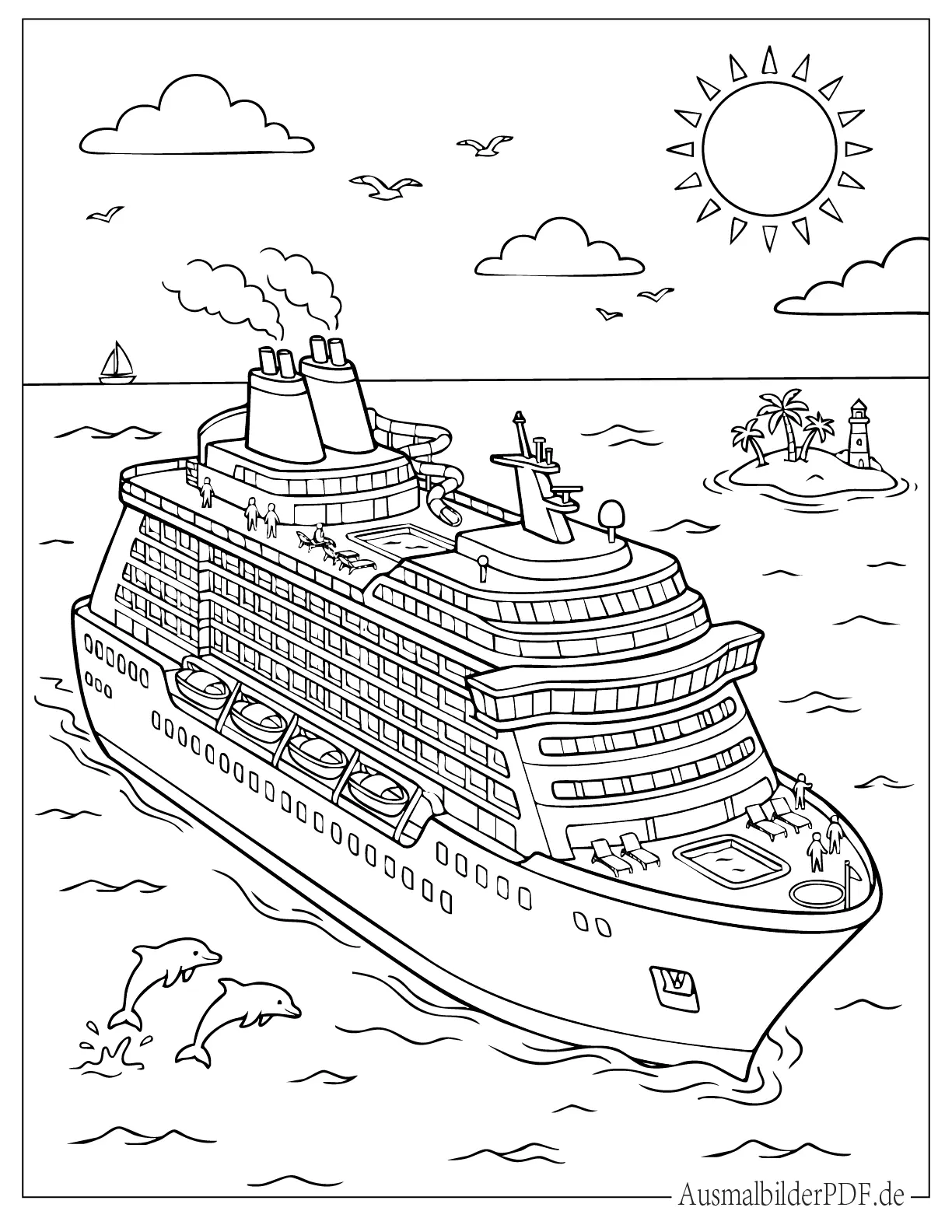 Großes Kreuzfahrtschiff fährt im Ozean Ausmalbild zum Ausdrucken