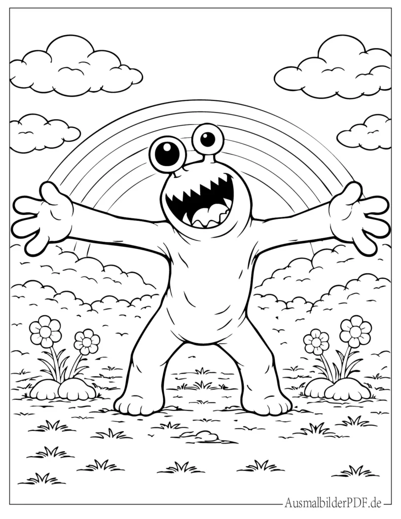 Ausmalbild eines grünen Rainbow Friend mit langen Armen, ideal für Kinder zum Drucken, Ausmalen und kreativen Spaß