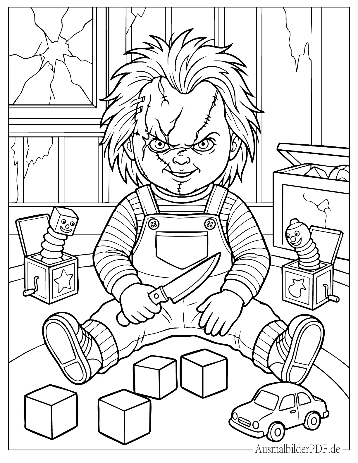 Gruselig aussehende Chucky Puppe mit einem Messer Ausmalbild für Kinder