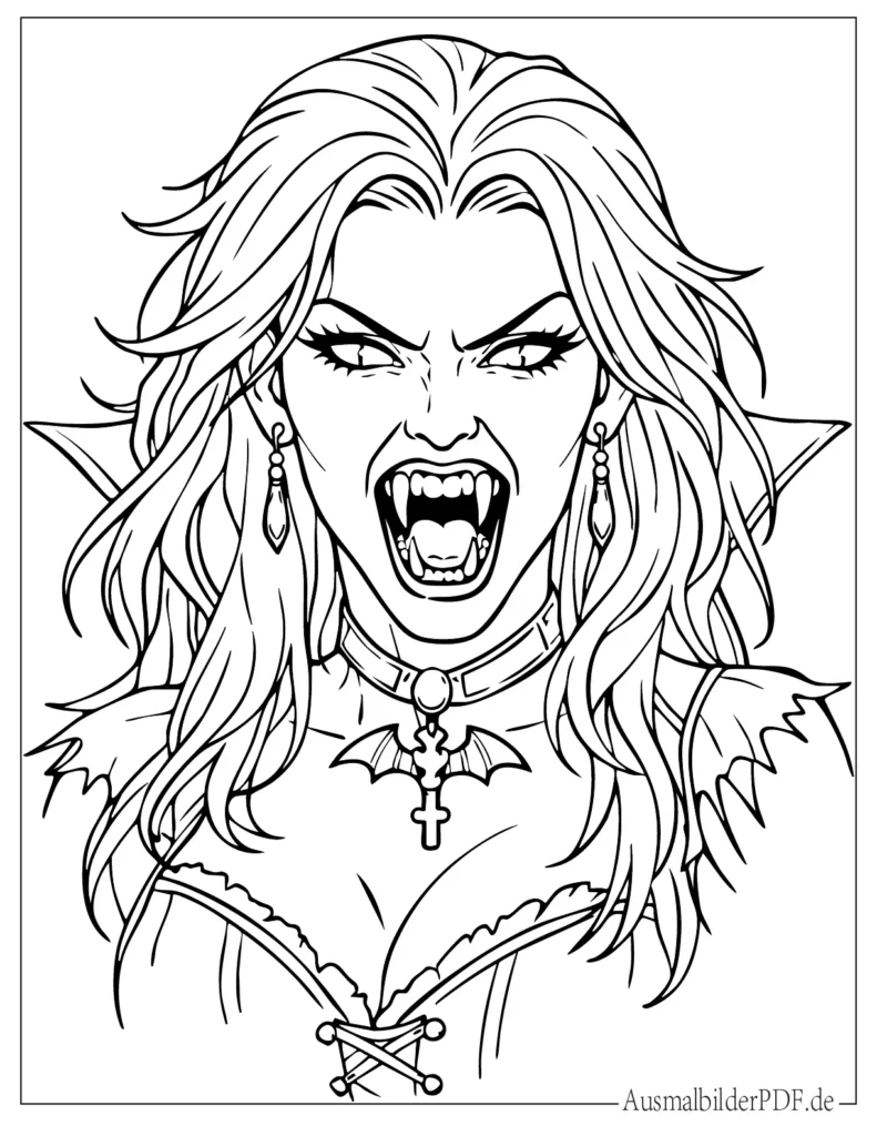 Malvorlage einer gruseligen Lady Vampir mit spitzen Zähnen für Kinder, perfekt zum Ausdrucken und kreativen Ausmalen