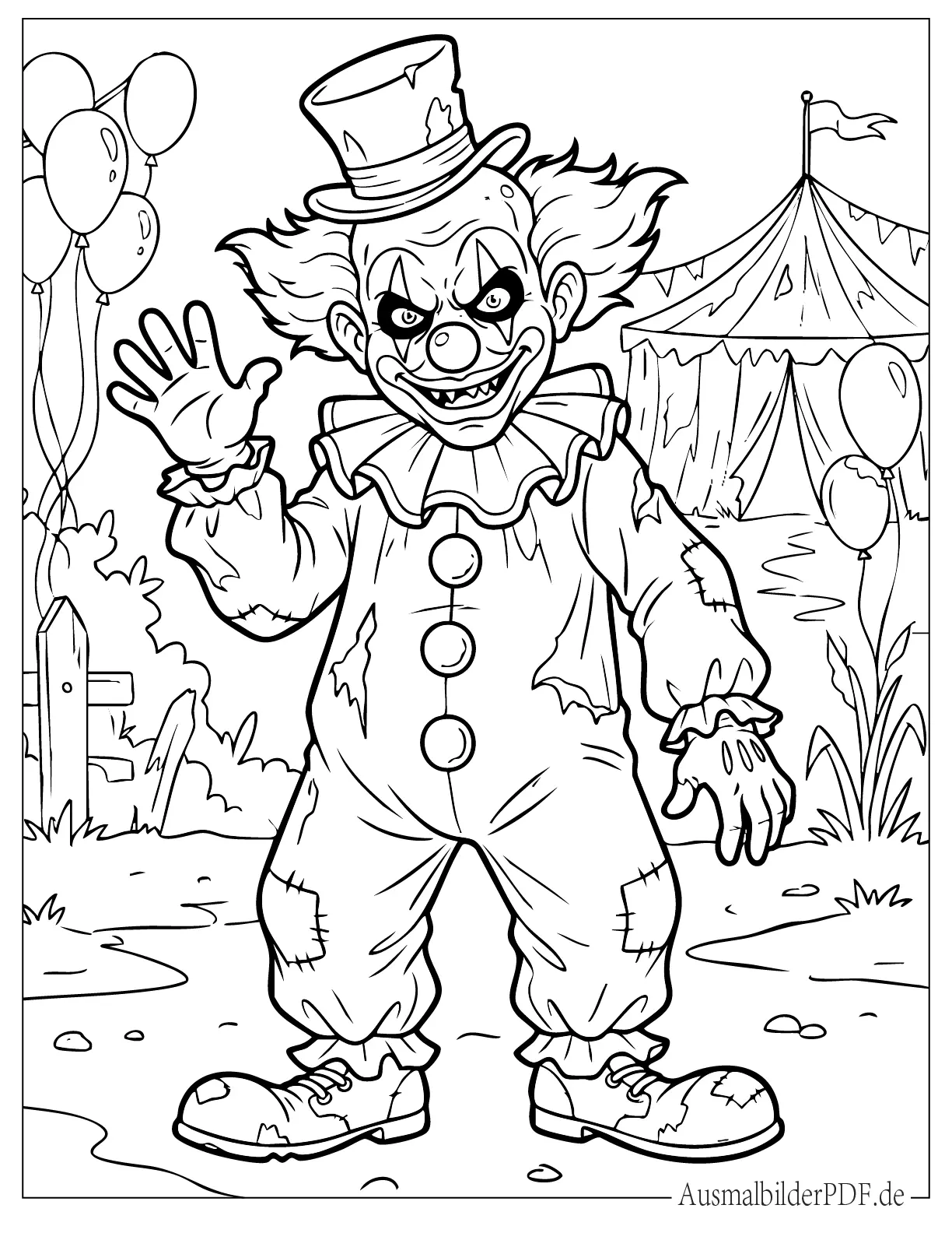 Gruselig aussehender Clown Monster Ausmalbild