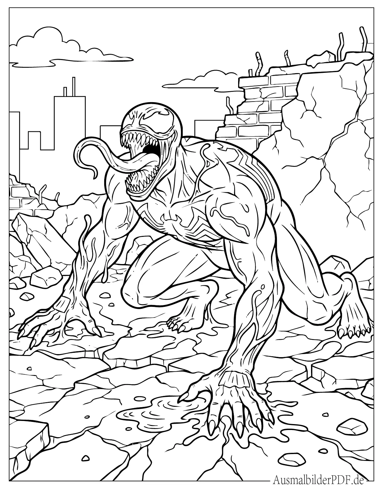 10+ Venom Ausmalbilder (Gratis Malvorlagen zum Ausdrucken) Gruseliger Venom brüllt auf dem Boden Ausmalbild