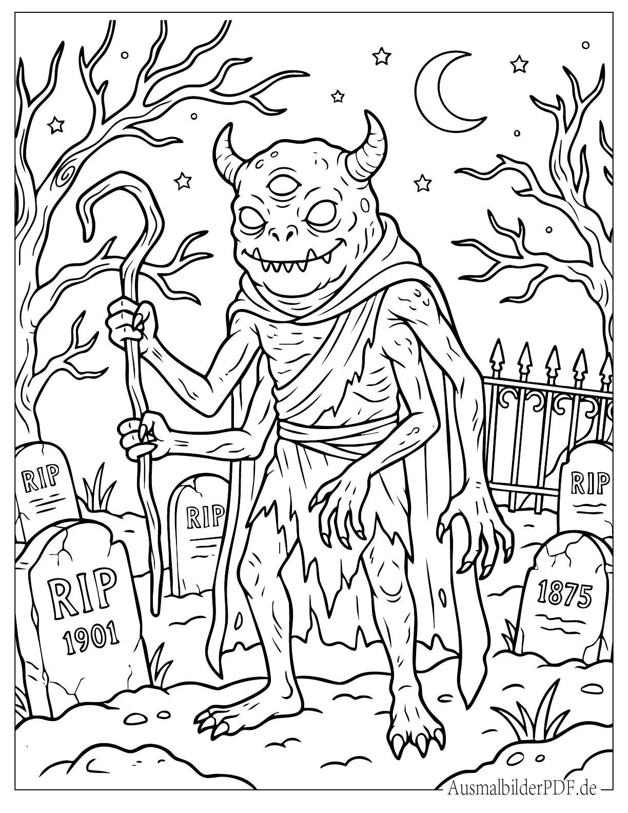 Gruselig aussehendes Monster auf dem Friedhof Malvorlage
