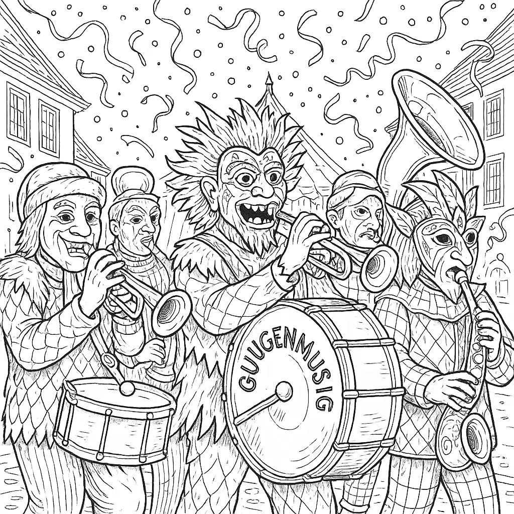 Guugenmusig Ausmalbild mit maskierten Musikern und traditionellen Instrumenten beim Fasnachtsumzug