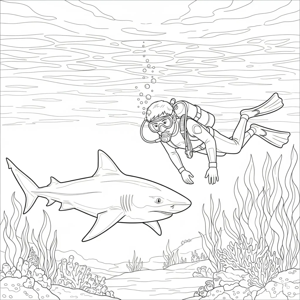 10+ Hai Ausmalbilder (Kostenlos Malvorlage zum Ausdrucken) Hai und Taucher Ausmalbild zum Ausdrucken kostenlos ideal für Kinder und einfache Malvorlage