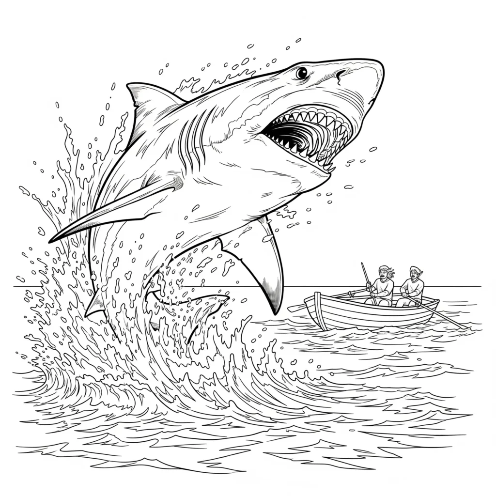 10+ Hai Ausmalbilder (Kostenlos Malvorlage zum Ausdrucken) Hai mit Hai der über ein Boot springt Ausmalbild zum Ausdrucken kostenlos für Kinder