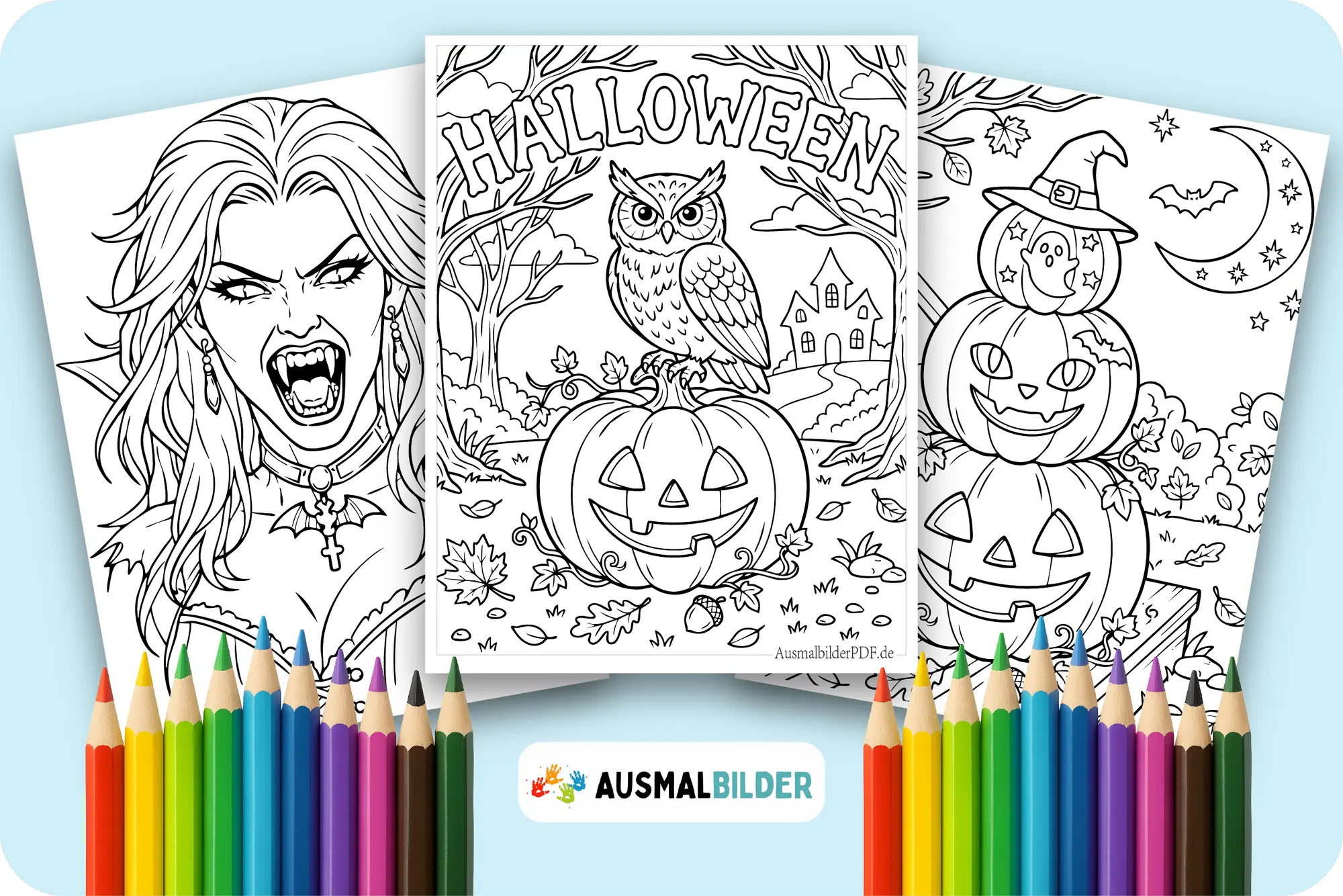 Halloween Ausmalbilder kostenlose Malvorlagen zum Ausdrucken für Kinder und Erwachsene