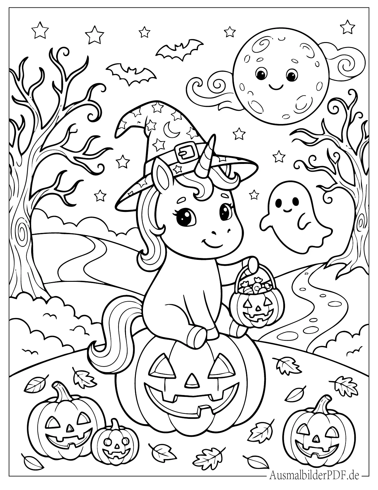 Halloween Einhorn mit Hexenhut Ausmalbild