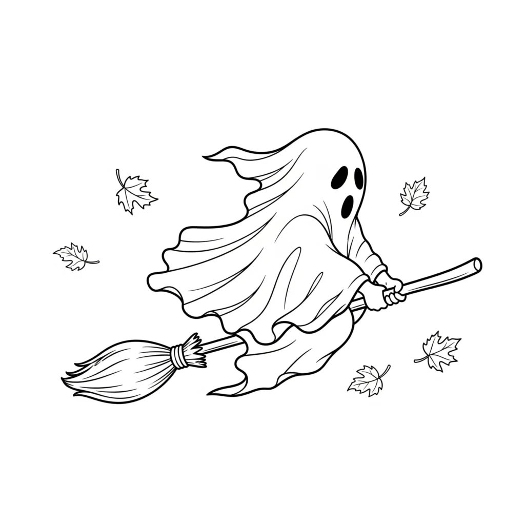 20+ Herbst Ausmalbilder (Kostenlos Malvorlage zum Ausdrucken) Ein fröhlicher Halloween-Geist fliegt auf einem Besen durch herbstliche Luft mit fallenden Blättern. Kinder können den Geist, den Besen und die Herbstfarben bunt gestalten.