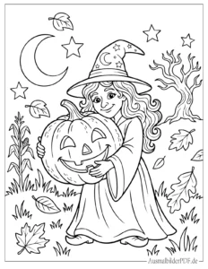 Halloween Hexe mit Kürbislaterne Ausmalbild