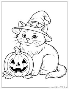 Halloween Katze mit Hexenhut Ausmalbild