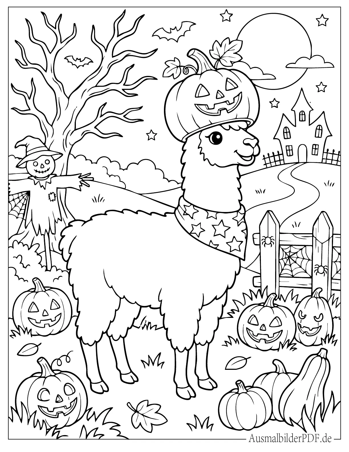 Halloween Lama mit Kürbishut Ausmalbild zum Ausdrucken
