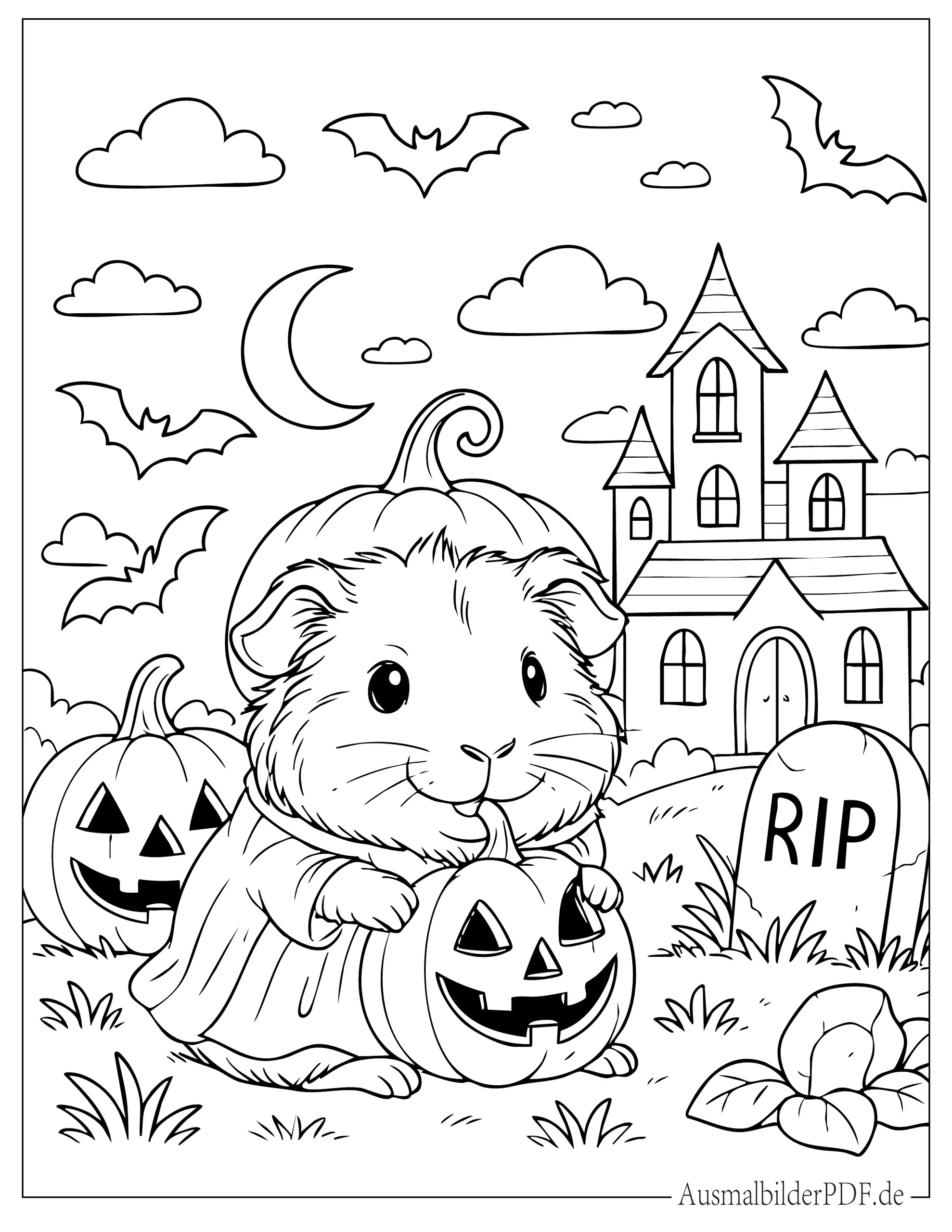 Halloween Meerschweinchen mit Fledermäusen und Kürbislaterne Malbild