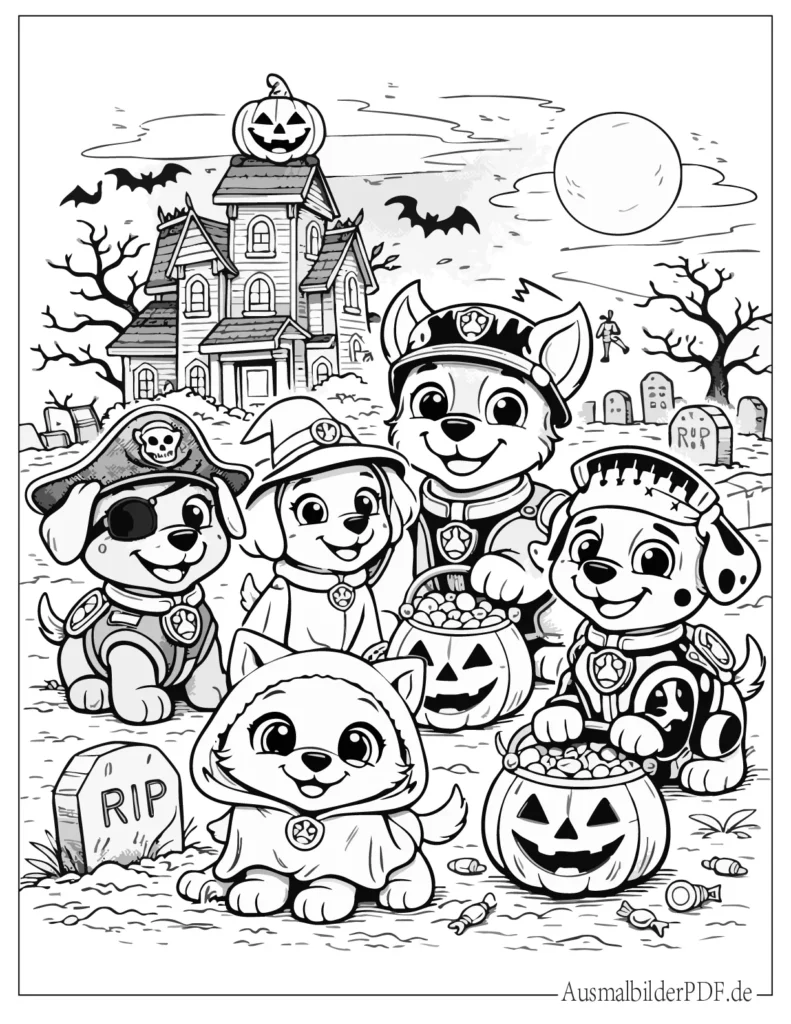 Malvorlage zeigt Paw Patrol Charaktere in Halloween-Kostümen, kreative ausmalvorlage für Kinder zum Ausdrucken